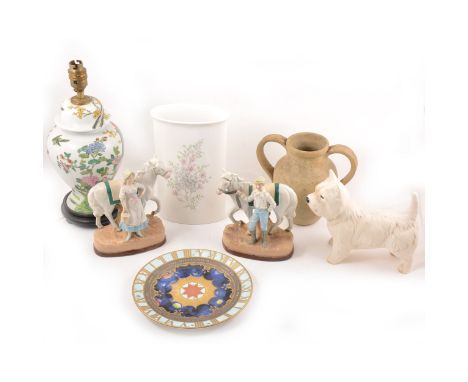 One box of mixed ceramics, including modern pottery table lamp, Continental figures, etc.