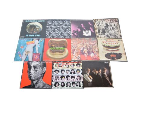 The Rolling Stones; Eleven LP vinyl records including Exile of Main St COC 69100, matrix A2/B2/C2/D2 with set of 12 postcards