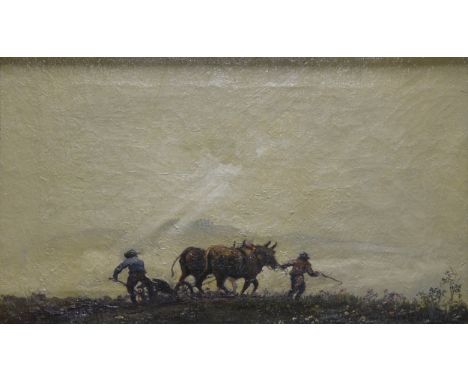 Alex R Pawlowitz Fruhmorgen am felde, (In the early morning), a ploughing scene signed and dated 1921, inscribed on the rever