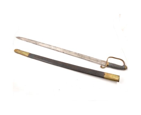 19th Century sword, leather and brass mounted scabbard, 76cm blade, brass scrolled hilt, fish skin grip.