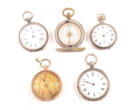 A yellow metal open-faced pocket watch, circular gilt dial with Roman numerals and floral decoration, outer case stamped 14C,