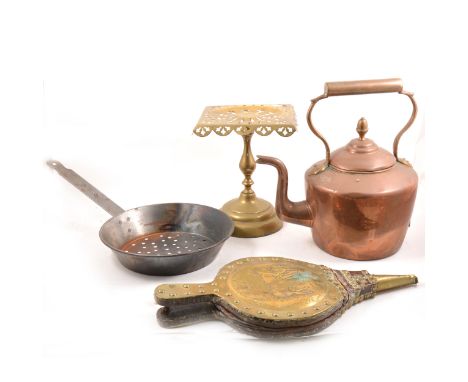 A brass and copper gunpowder flask by T Collins, Birmingham, embossed gamebirds, a carriage lamp converted to electricity, a 