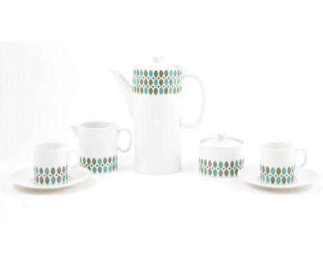 A 1960s Thomas Rosenthal china coffee set, decorated with a printed band, including coffee pot, cream jug, sugar bowl, six ca