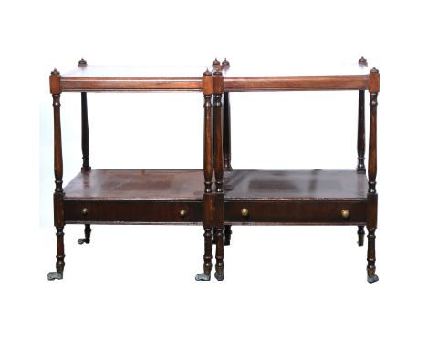 A pair of reproduction mahogany lamp tables, each with a square top, crossbanding and stringing, turned legs, frieze drawer, 