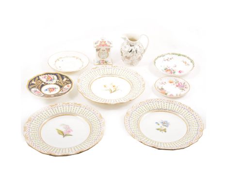 Six cabinet plates (one a/f) by J Allsup, London, one by Spode, a matching cup and saucer by Chamberlains Worcester, plus oth