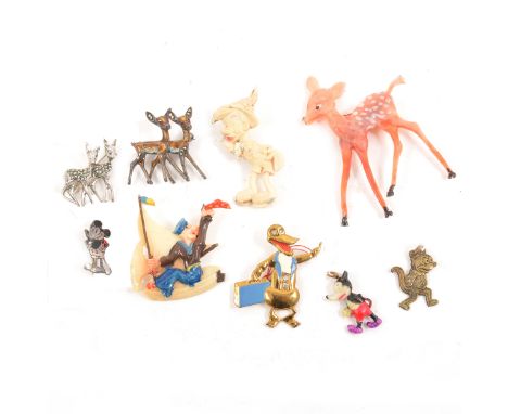 Nine Disney related pendants and brooches, celluloid Bambi, Popeye, Pinocchio, Charles Horner 15mm Mickey "Sterling Silver Al