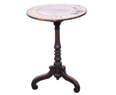 Victorian mahogany tripod table, parquetry top, turned column, scrolled legs, diameter 53cm, height 71cm.