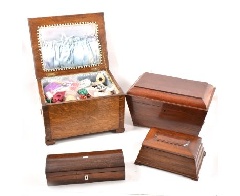 Victorian mahogany tea caddy, 31cm, rosewood glove box, roswood work box and other boxes.