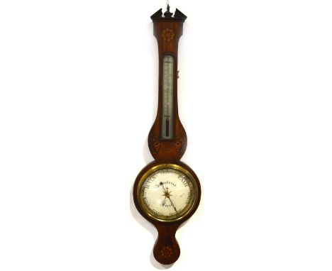 Victorian mahogany barometer, architectural pediment, box and ebony stringing, rosette and shell inlay, silvered and repainte