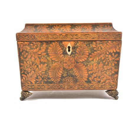 Regency painted tea caddy, sarcophagus shape, the lid decorated with figures, the case with urne snad scrolling foliage, meta