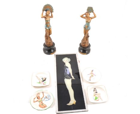 Five glamour cigarette lighters, an Italian pocket pin-up calendar, a Selcol Viewmaster of glamorous ladies, ceramic pin tray