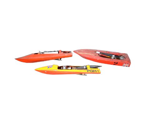 Three model speed boats; with three boat engine, including a Super Tiger etc, all aprox 98cm in length.
