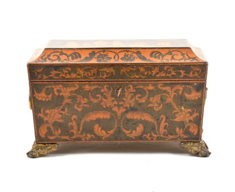 Regency painted mahogany tea caddy, sarcophagis form, the lid decorated with figures, the case with scrolls, metal ring handl