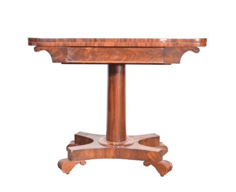 Victorian mahogany card table, rectangular foldover top with rounded corners, scrolled frieze, turned column, incurved platfo