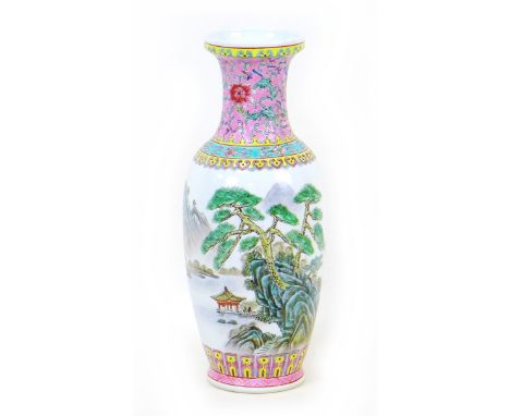A late 20th century Chinese famille rose vase, with hand painted poly chrome enamel decoration, featuring a mountainous lands