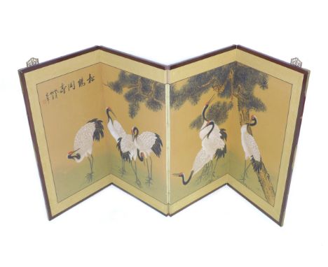 A 20th century Chinese three fold screen, hand painted with traditional Cranes and Pine trees, with Chinese calligraphy to to