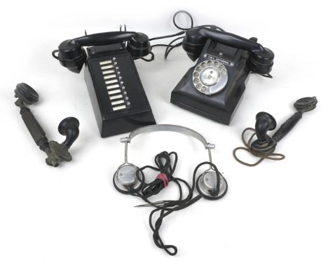 A black Bakelite GPO telephone with Call Exchange button, handset stamped with 'C36/234 No.164', a GEC press button intercomm