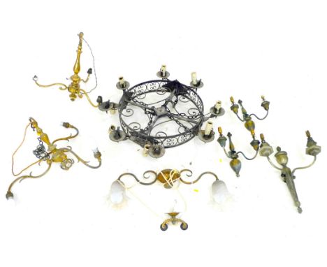 A group of vintage metal light fittings, comprising a black painted eight light chandelier, 47 by 47 by 11.5cm high, two thre