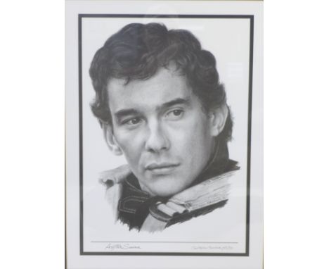 A group of motor racing related pictures, including a large limited edition portrait of Ayrton Senna, signed by the artist, 7