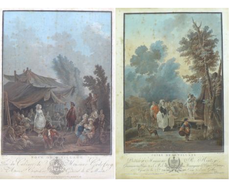 A pair of 19th century French prints, the first titled 'Village Wedding', showing a couple dancing amongst a large group of p