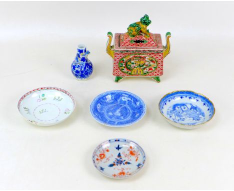 Six pieces of early 20th century Chinese porcelain, including a polychrome censer with fo dog finial to lid, 15.5 by 8.5 by 1