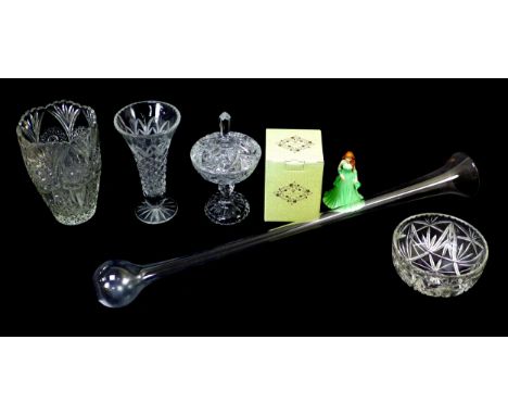 A crystal yard of ale glass and other glass and collectibles, including a large collection of badges, with fifteen yellow met
