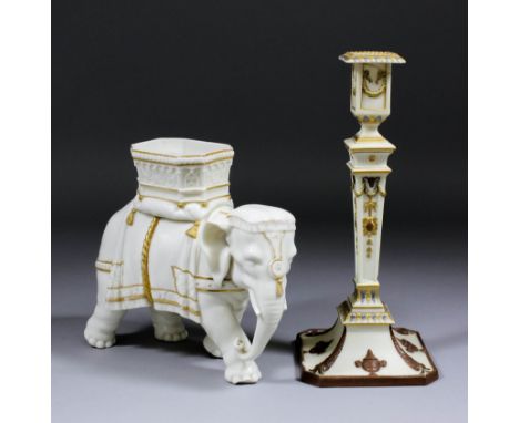 A late 19th Century Hadley "Blush Ivory" porcelain vase in the form of a comparisoned elephant, 8ins high, and a Royal Worces