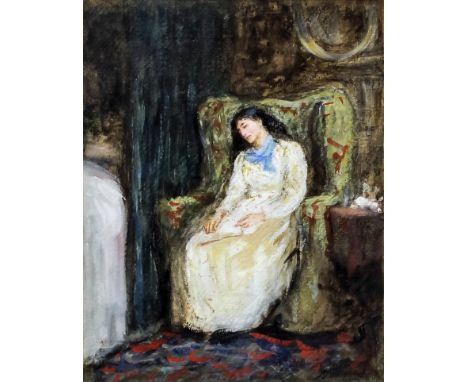 Helen Allingham (1848-1926) - Pastel sketch - Girl asleep in a chair with an open book on her lap, 12ins x 9.25ins, signed, i