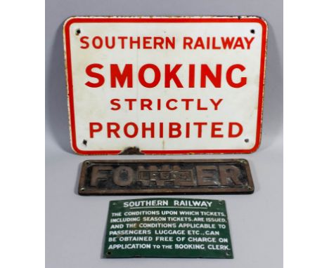 A cast brass builder's name plate - "Fowler, Leeds", 4.25ins x 14.5ins, an enamel Southern Railway sign - "Smoking Strictly P
