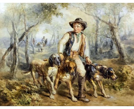 John Frederick Tayler (1802-1889) - Watercolour - Hunting scene in woods with young huntsman and three hounds to foreground, 