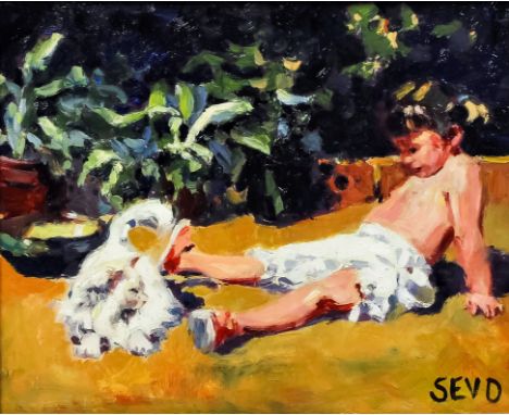 *** Sherree Valentine-Daines (born 1956) - Oil painting - Study of a young girl with a cat, panel 7.5ins x 9.25ins, initialle