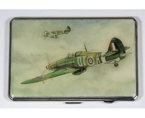 A George VI silver and resin rectangular cigarette case with cant corners, the front inset with resin panel painted with two 