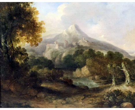 18th/19th Century Continental School - Oil painting - Mountainous landscape with ruined tower and people to foreground, panel