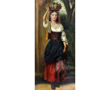 19th Century Italian School - Oil painting - Young girl carrying a basket of grapes on her head, panel 24ins x 11.75ins, in g