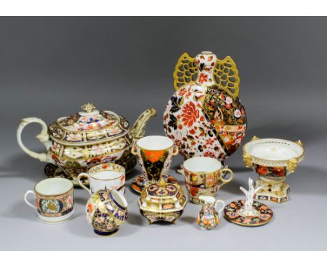 A collection of 19th and 20th Century English porcelain decorated in the "Imari" palette, including - red mark Derby teapot, 