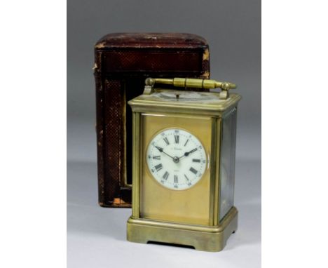 A late 19th/early 20th Century French carriage clock retailed by A. Singer of Vienna, the 2ins diameter cream enamelled dial 