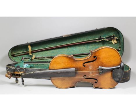 A late 19th/early 20th Century French full size violin with figured two piece back (back measurement excluding button 14.25in