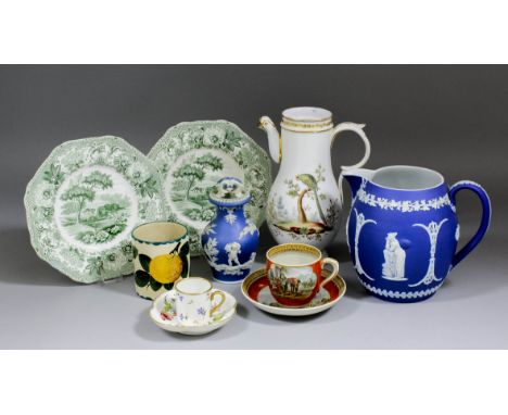 A small collection of 19th Century British ceramics, including - Wedgwood blue Jasper jug with applied reliefs of Neo-classic