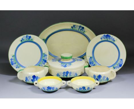 A Clarice Cliff Bizarre "Crocus" pattern part dinner service, comprising - two 10ins dinner plates, five 9ins plates, three 8