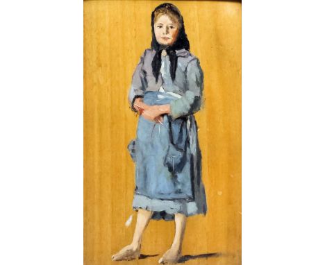 Attributed to William Heath Wilson (1849-1927) - Oil sketch - Young fisher girl in blue dress with apron, panel 7.5ins x 5ins