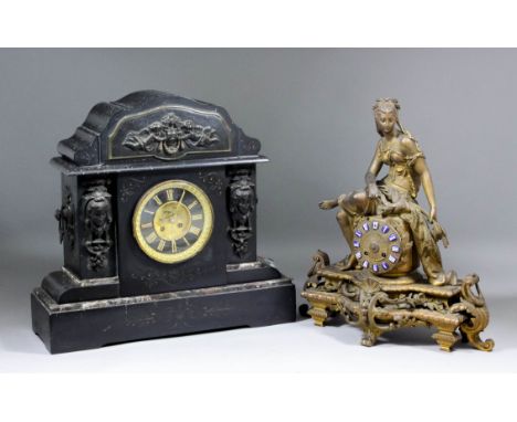 A late 19th Century French gilt metal cased mantel clock, No. 5482, the 4ins diameter gilt dial with raised enamel numeral ca