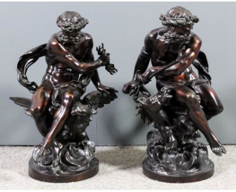 Early 20th Century French School - Two brown patinated bronze figures - Neptune holding a trident and seated astride a hippoc