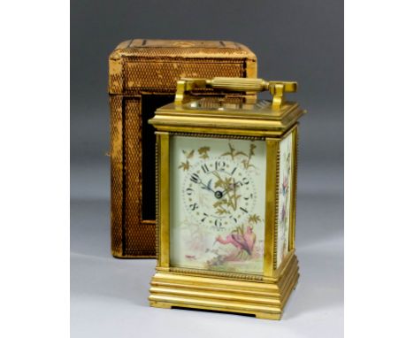 A late 19th Century French carriage clock, No. 5076, retailed by Ollivant & Botsford of Manchester, the cream glazed porcelai