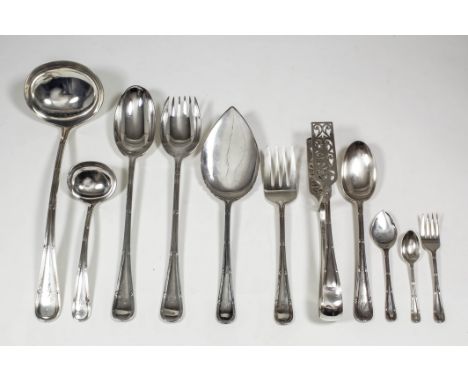 A George V silver part table service with reeded and ribbon mounts by Elkington & Co, Birmingham 1910, comprising - twelve ta