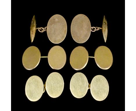 A pair of gentleman's 18ct gold cufflinks with plain oval faces (gross weight 12.5 grammes), a pair of gentleman's 14k gold c