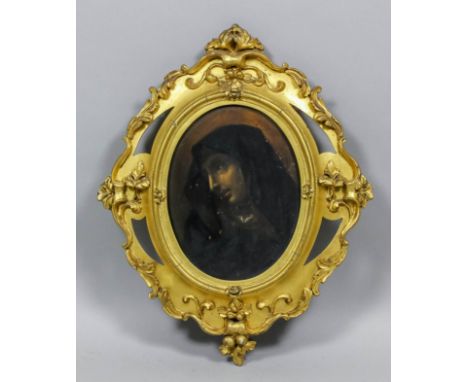 19th Century Continental School - Oil painting - Shoulder length portrait of a crying Madonna, oval copper panel 6.5ins x 5in