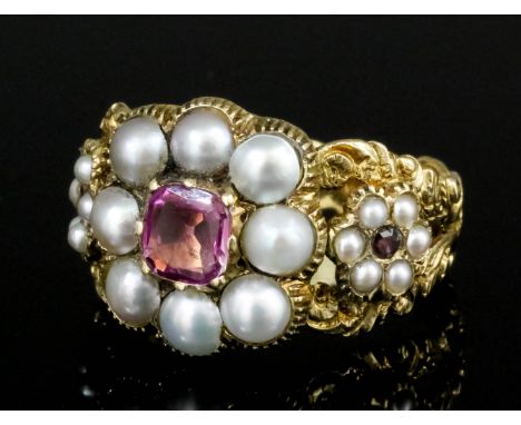 A late Georgian gold coloured metal mounted seed pearl and tourmaline set ring, the central oblong cut tourmaline approximate