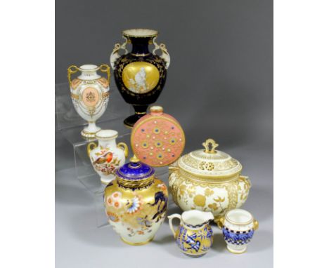 An early 20th Century Royal Crown Derby bone china two-handled vase painted in apricot and gilt, a central oval reserve panel