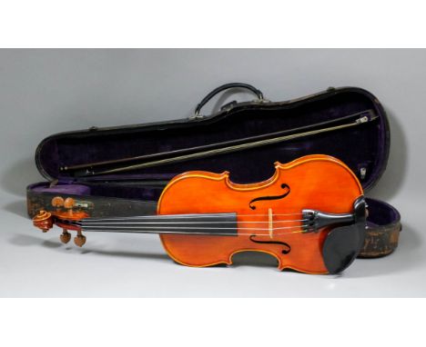 An early 20th Century full size violin with two piece back (back measurement excluding button 14.25ins - 23.25ins overall), w