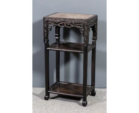 A Chinese hardwood rectangular three tier occasional table with veined marble slab to top, the frieze carved with leaf scroll